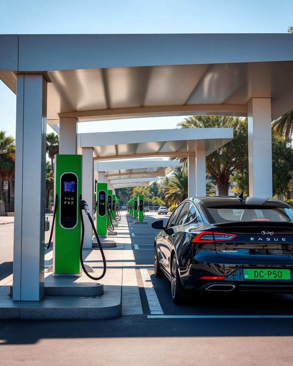 DC fast charging hub with green charging pillars