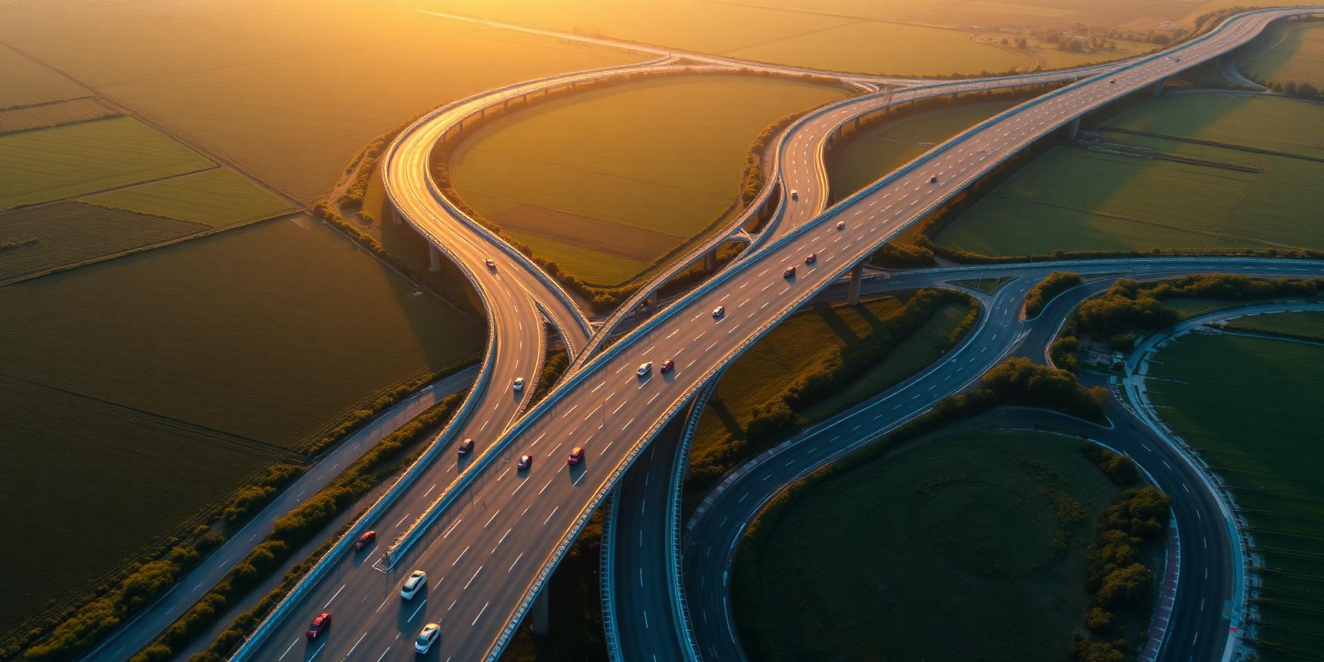 Aerial view of an Indian expressway interchange at golden hour